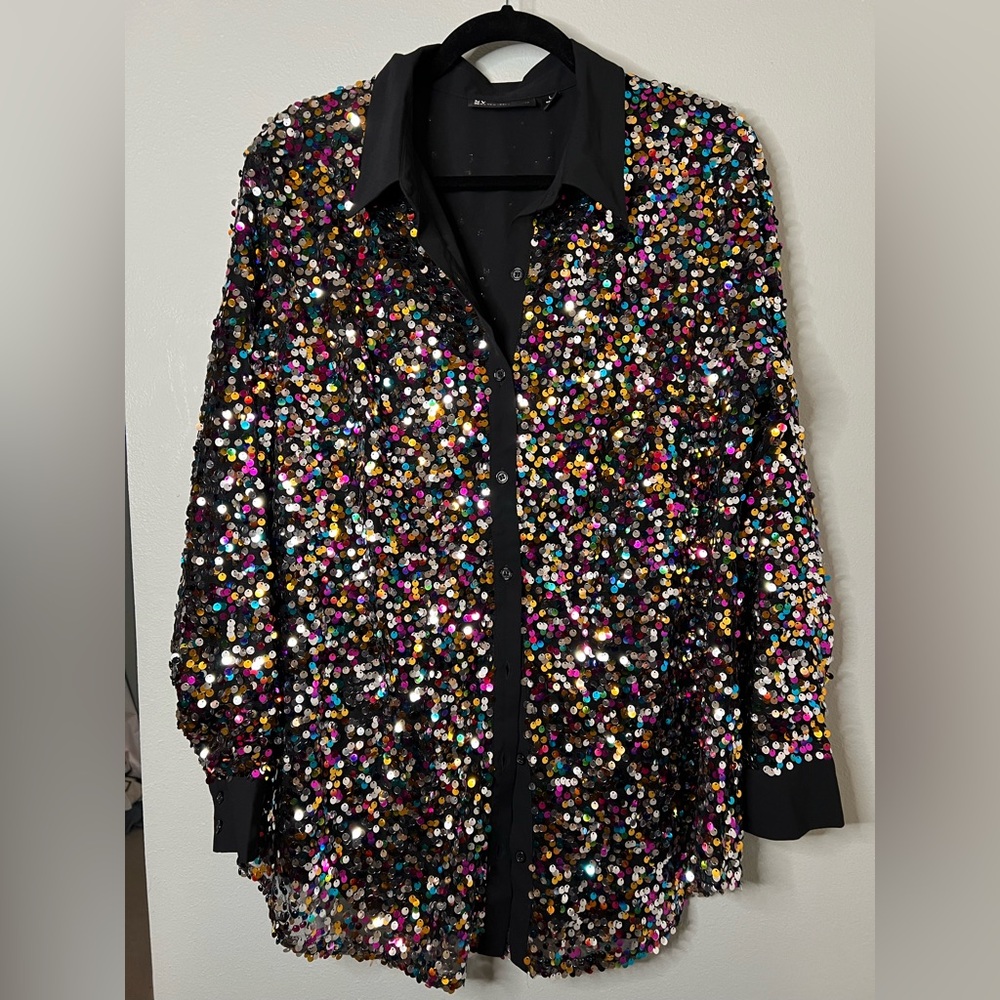 New York & Company Black Multi-Sequin Button-Up Shirt